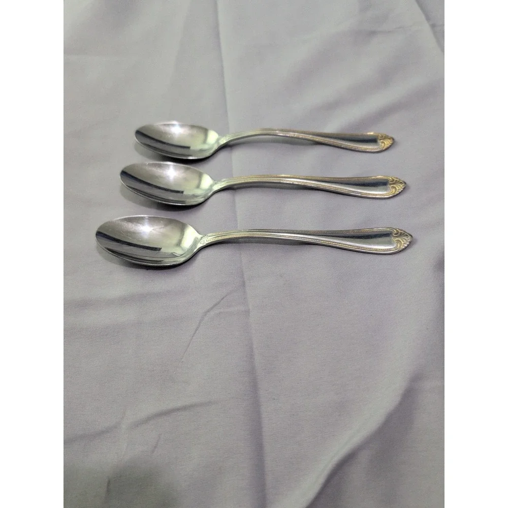 Hampton Silversmiths RENEE 3‎ Dinner Soup Spoons Stainless Flatware Gold Accent